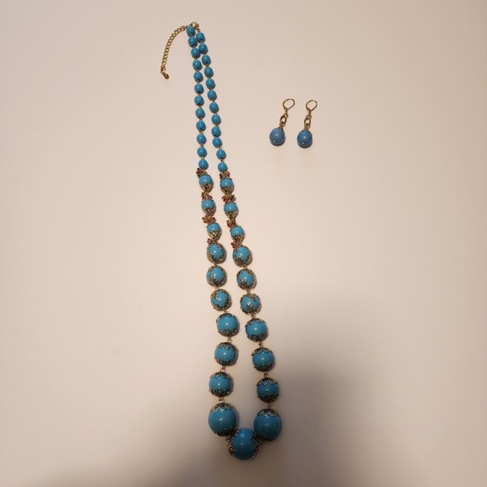 Vintage-Style Blue Beaded Necklace and Matching Earrings with Gold Accents